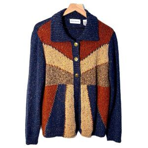 Alfred Dunner Blue and Brown Geometric Color Block Women’s L 3 Button Cardigan.
